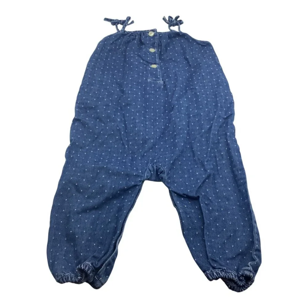 Baby Gap Denim Jumpsuit Romper Baby Girl 6-12 Months‎ Blue Polka Dot Tie Straps